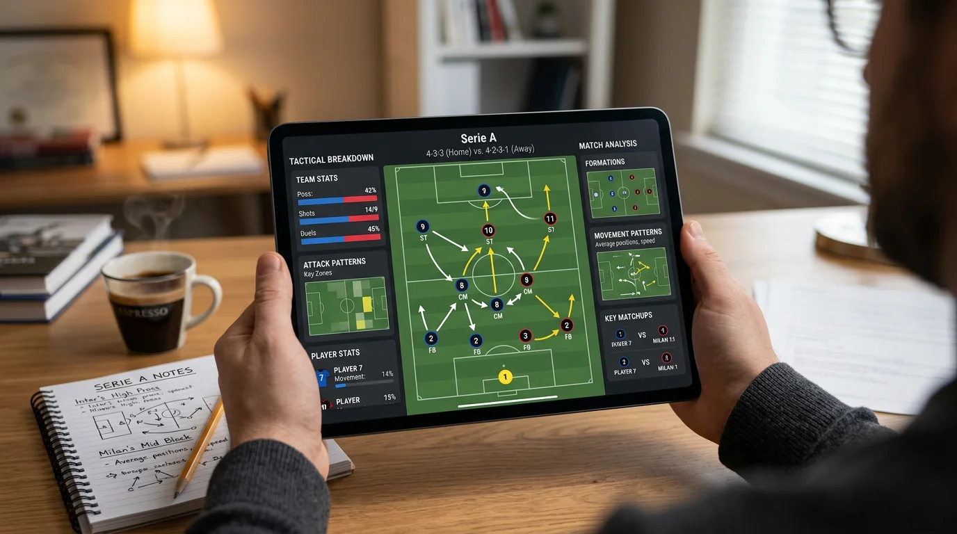 Analista revisando estadísticas tácticas de equipos de la Serie A en una pantalla con datos
